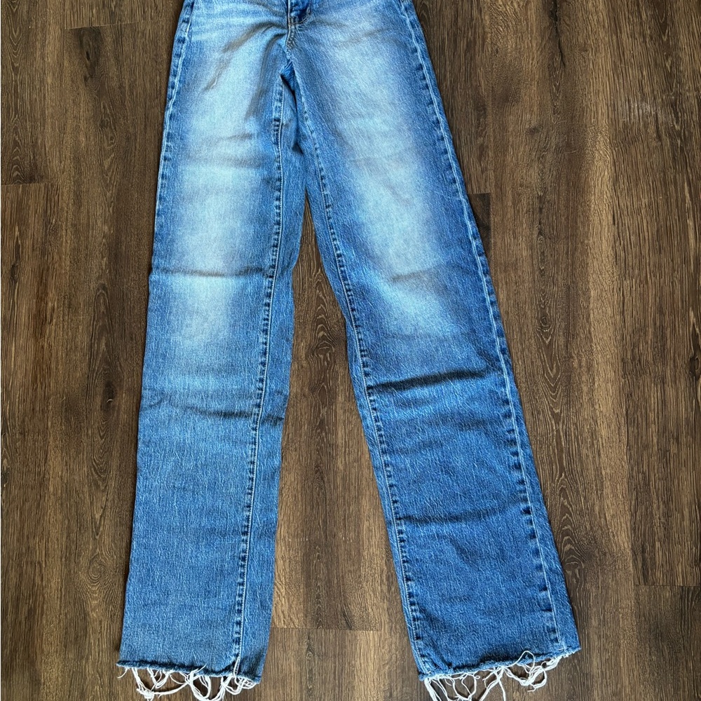 BKE Women's Straight Leg Blue Jeans with Frayed Hem